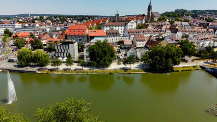 Fototapeta premium A panoramic aerial view beside the old town of the city Böblingen in Germany on a sunny summer noon.