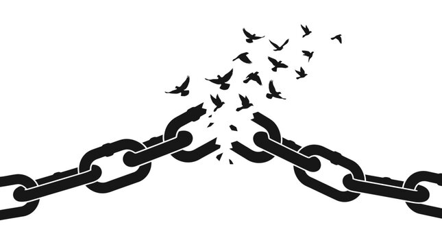 Broken chain with flying birds black silhouette on white background