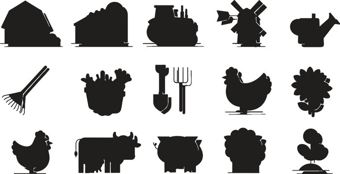Set of black farming and agriculture silhouette icons for rural lifestyle design