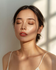 Fototapeta premium Close Up Studio Portrait of Beautiful Young Woman with Natural Glowing Skin Soft Makeup Healthy Hair and Elegant Beauty Fashion Skincare Concept