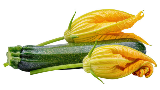 Isolated fresh green zucchini vegetable with two vibrant yellow squash blossoms ready for cooking