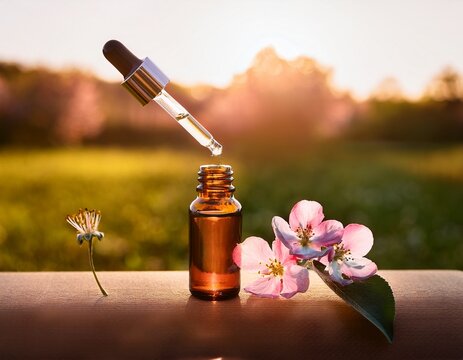 two crab apple flower bach remedies in sunny field drop glass pipette shining on flower therapy bottle
