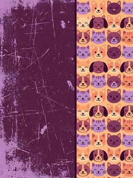 whimsical cat and dog icons on a grunge background with a playful top-down perspective for digital illustration and wallpaper designs in purple and orange tones.