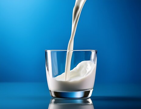 milk pouring into glass on clean blue background
