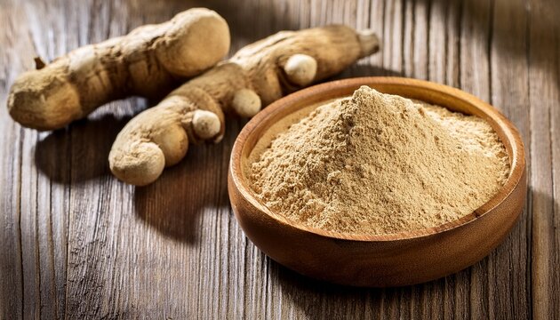 maca root powder in a wooden bowl with fresh maca roots on a wooden background