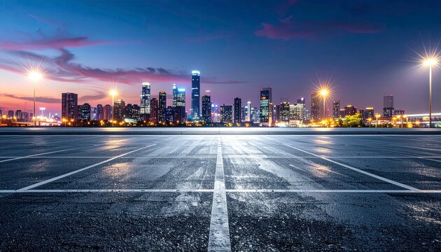 Modern city skyline panorama at twilight with glowing skyscrapers and a vast empty asphalt parking area with white markings in the foreground. Urban development concept