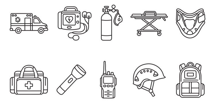 Emergency medical equipment line icons, set of 10 paramedic rescue vector symbols, ambulance and first aid kit outline illustrations for healthcare