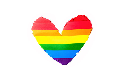 Rainbow pride flag heart symbol isolated on white background. Minimalist LGBTQ icon. LGBTQIA+ rainbow heart with torn edges. Diversity, freedom and gay pride month concept.