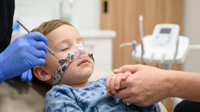 Child wearing dental sedation mask during pediatric procedure while dentist holds mirror and parent comforts with hand in clinic