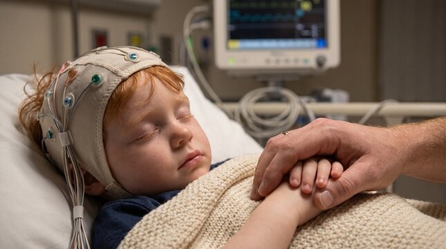 Sleeping child wearing EEG cap in hospital bed while parent holds hand, with patient monitor in background during pediatric brain activity test