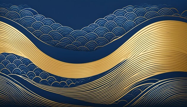 traditional japanese style minimalist background featuring elegant blue and gold wave patterns textured organic shapes and ukiyo e inspired ocean waves for a calm zen aesthetic design