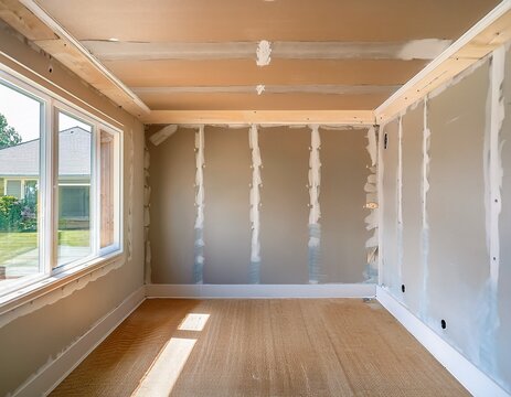 a freshly installed smooth and texture free drywall surface covers a residential interior wall awaiting finishing touches and decoration in a newly constructed home