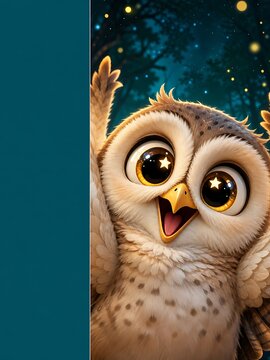 Cute cartoon owl peeking from teal panel