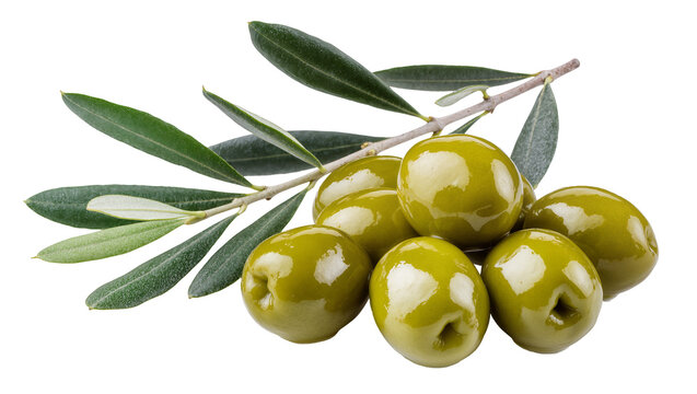 Isolated fresh green olives with leaves on a branch, delicious and healthy Mediterranean food ingredient