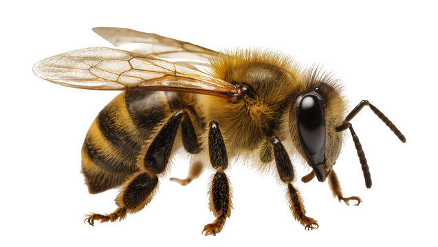 Isolated honey bee insect, detailed close up profile view of a winged fuzzy pollinator