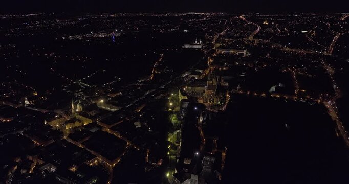 Prague Czechia Aerial v90 birds eye view drone flyover hilltop Hradcany capturing night cityscape of Lesser town Mala Strana and historical castle complex - Shot with Mavic 3 Cine - November 2022