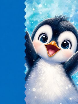 Cheerful penguin chick peeking from blue background