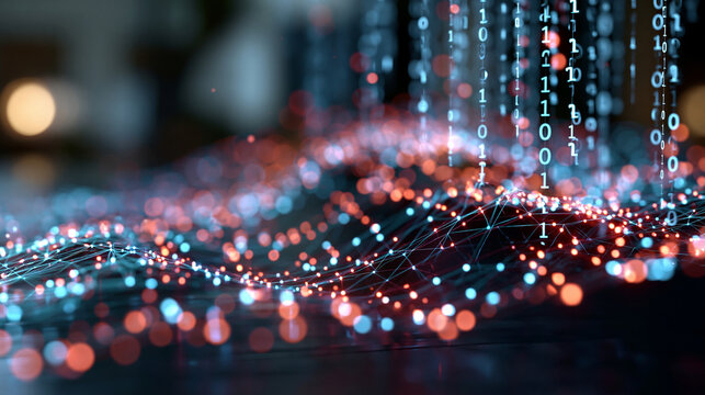 A big data visualization concept with glowing binary code network and machine learning algorithms vivid neon depth information analysis connectivity technology with copy space