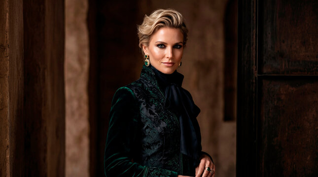 A sophisticated blonde woman with a short elegant hairstyle poses confidently, wearing a luxurious dark green velvet coat with intricate embroidery and matching emerald earrings. High fashion editoria