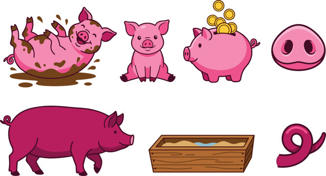 Pig Farming and Cute Piglet Vector Icon Set Featuring Pig Rolling in Mud Piggy Bank with Coins Snout Wooden Feeding Trough and Curly Tail Graphics