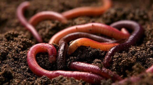 Vibrant Earthworms Crawling in Soft-Colored Soil - Closeup Nature Photography