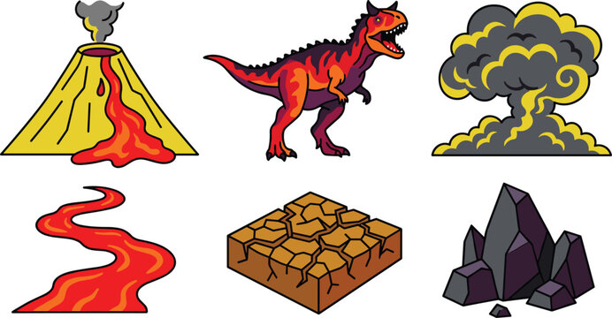 Prehistoric Volcano Icon Set with Carnotaurus Dinosaur, Erupting Lava, Smoke Cloud, Cracking Ground, and Rock Elements for Game Design