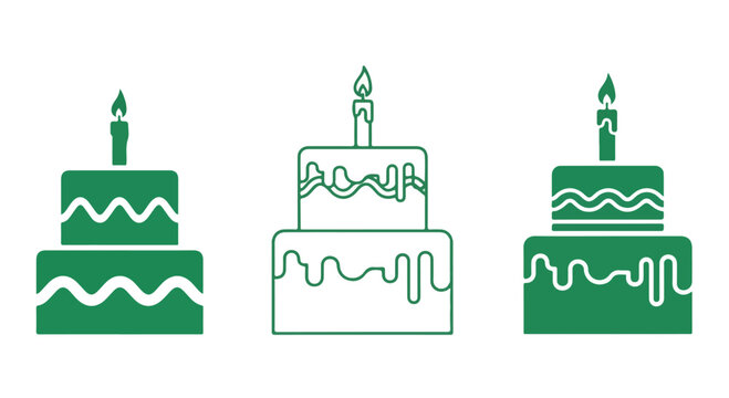 Three celebratory birthday cakes with lit candles arranged in a row on a white background.