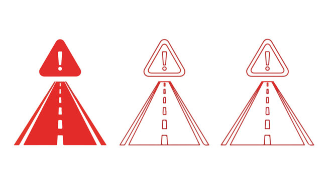 Triple Road Warning Signs Indicating Caution, Construction, and Hazards on Highway.