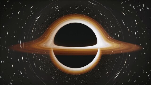 Black hole with a glowing accretion disk bending light into an Einstein ring among swirling stars. Epic 4K deep space animation of gravity and warped spacetime.