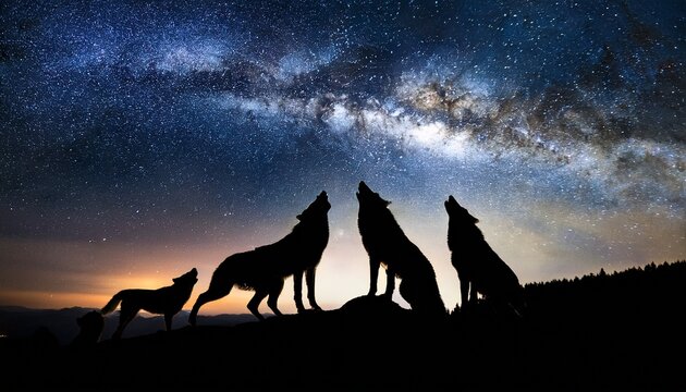 award winning photo of a pack of wolves howling under a starry night sky