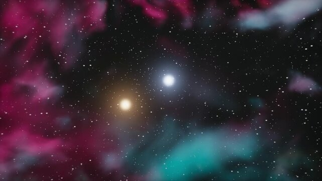 Colorful nebula with newborn stars glowing in clouds of cosmic dust and gas. Dreamy 4K deep space animation of a stellar nursery in pink, teal and gold.