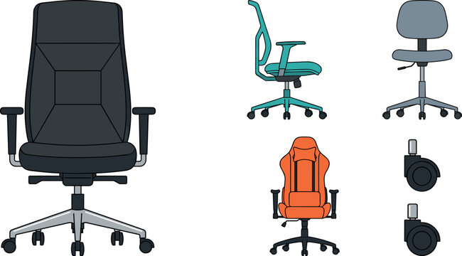 Ergonomic office chair vector illustration set featuring modern executive seating options mesh rolling desk stools colorful gaming chairs and castor wheels isolated on white background