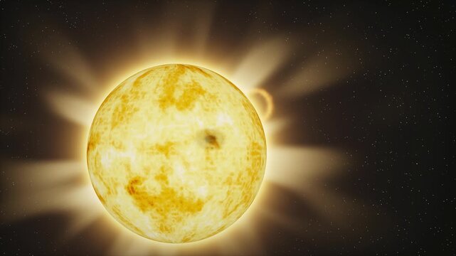 Fiery sun close up with a boiling surface, solar prominences and a breathing corona against deep space. Dramatic 4K animation of our star for science and space themes.