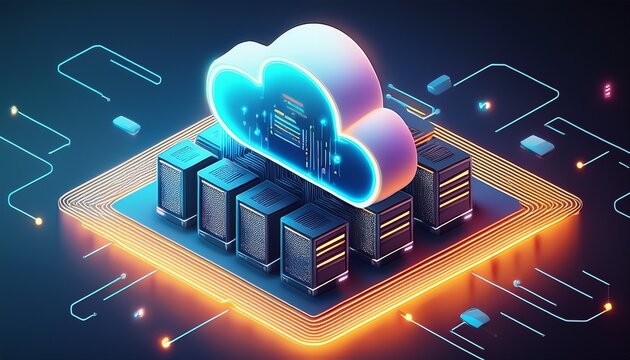 isometric cloud computing concept a stylized glowing digital cloud floating above server infrastructure