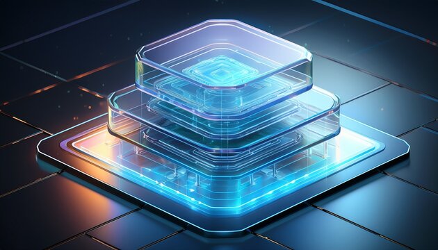 isometric view of a stacked glass layer interface holographic projection ui ux design concept