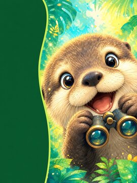 Cute otter with binoculars in jungle scene