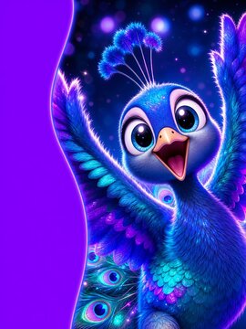 Vibrant blue peacock against purple background