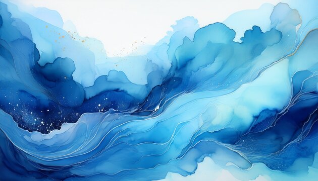 vibrant artistic abstract blue watercolor background with fluid ink spots and soft gradients in a wide horizontal landscape orientation ink watercolor dreamy