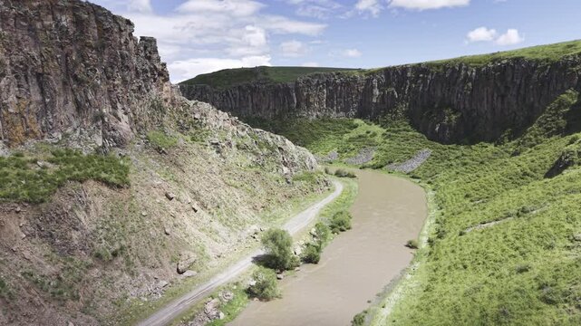 Cinematic Drone Footage of Akyaka Canyon in Akyaka Kars Turkey Eastern Anatolia Rocky Natural Landscape