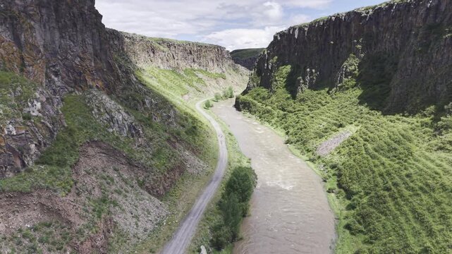 Cinematic Drone Footage of Akyaka Canyon in Akyaka Kars Turkey Eastern Anatolia Rocky Natural Landscape