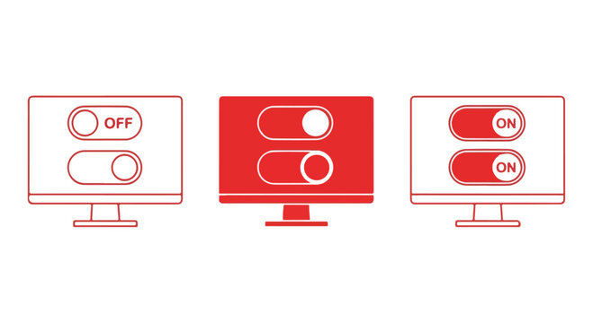 Three monitors showcasing on and off toggles in a red and white minimalist illustration.