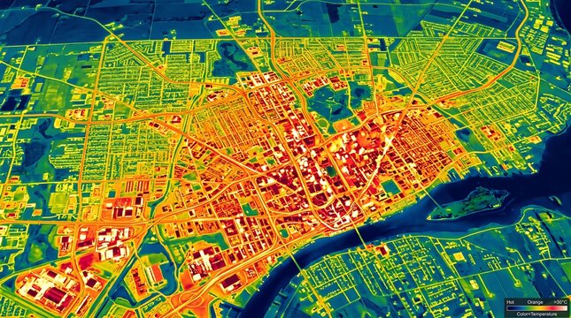 Urban Heat Island Thermal Infrared Aerial City Night False Color Climate Science