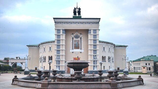 Ulan-Ude, Buryatia, Russia - August 9, 2021: Ulan-Ude city central square. Theatre of Drama. Buryat Republic.