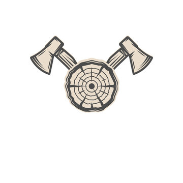 Stylized illustration of two crossed axes behind a circular tree log section with visible growth rings