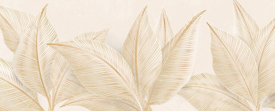 Art background with a leaf pattern in a golden line art style. Botanical banner for decor, prints, wallpaper, textiles, posters, packaging, and interior design.