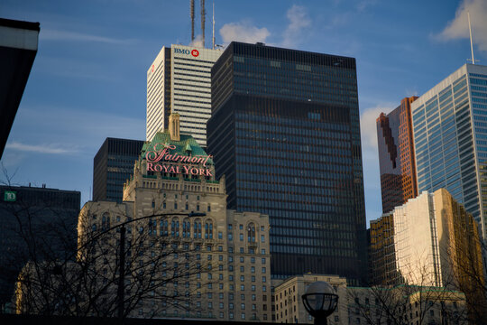 The BMO tower stands beside the Fairmont Royal York hotel in Toronto, Canada, February 4, 2026