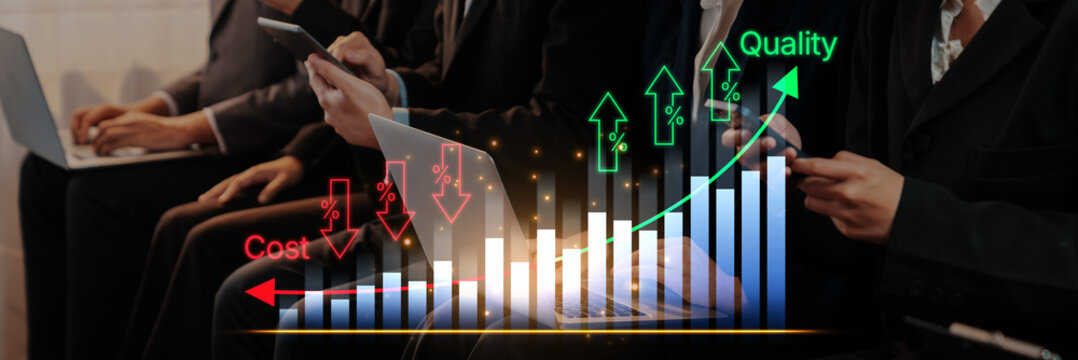 Business Meeting Focused on Performance Metrics with Cost and Quality Trends Displayed in Background Graph Visualizations. Bitwise.