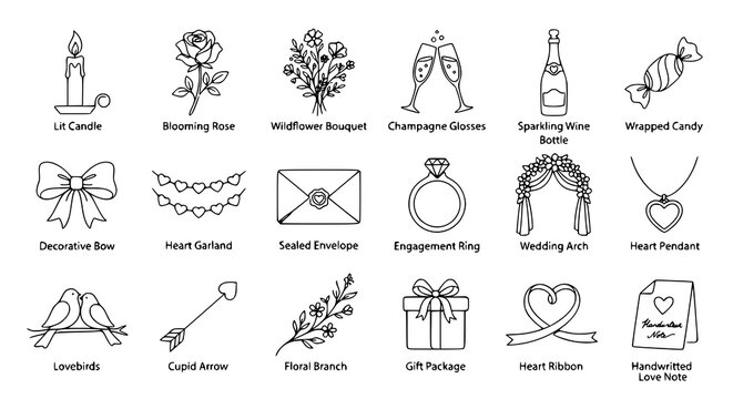 Continuous one line romantic icon pack with candle roses champagne bouquet heart garland envelope wedding and minimalist love vector illustrations