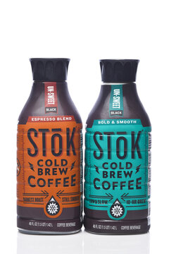 IRVINE, CALIFORNIA - 3 JULY 2026: Two Bottles of Stok Cold Brew Coffee, Espresso Blend and Bold and Smooth.