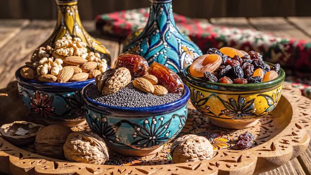 Colorful ceramic bowls with nuts and dried fruit on wooden tray. Focus on nuts, nut mix, nutty snack ideas for grocery promos, menu design, education materials, social media and branding concepts